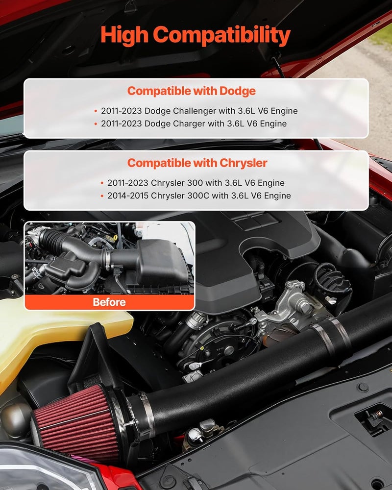 VEVOR نظام سحب هواء بارد، 3.5 بوصة + درع حراري متوافق مع دودج تشالنجر/تشارج 2011-2023 بمحرك 3.6L V6، مجموعة فلتر تدفق عالي لتحسين القوة الحصانية واستجابة دواسة الوقود - Image 2